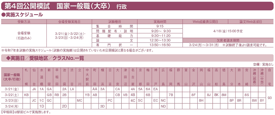 国家一般職（大卒／行政）会場受験スケジュール"